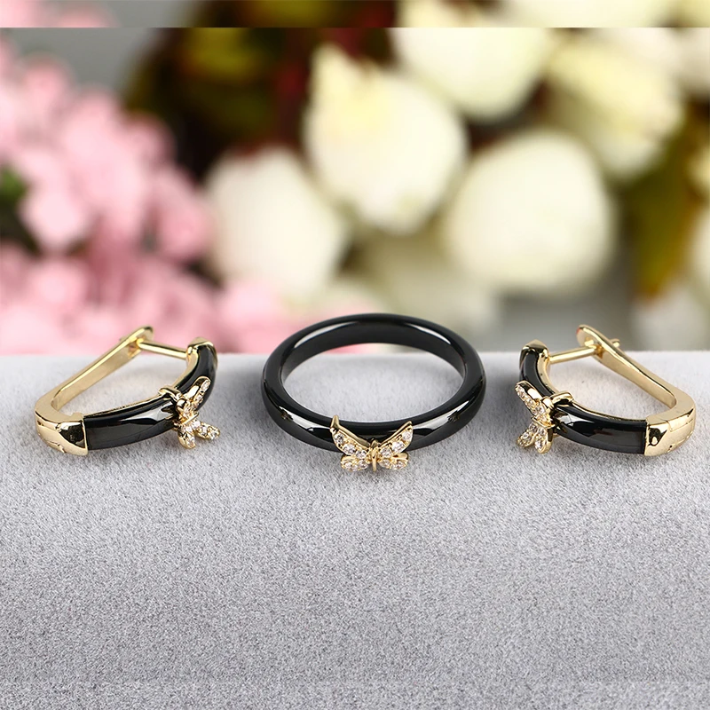 Gold Butterfly Rings and Earrings AAA Rhinestone Healthy Ceramic Jewellery sets Women Mom Gift Jewelry For Wedding Accessories