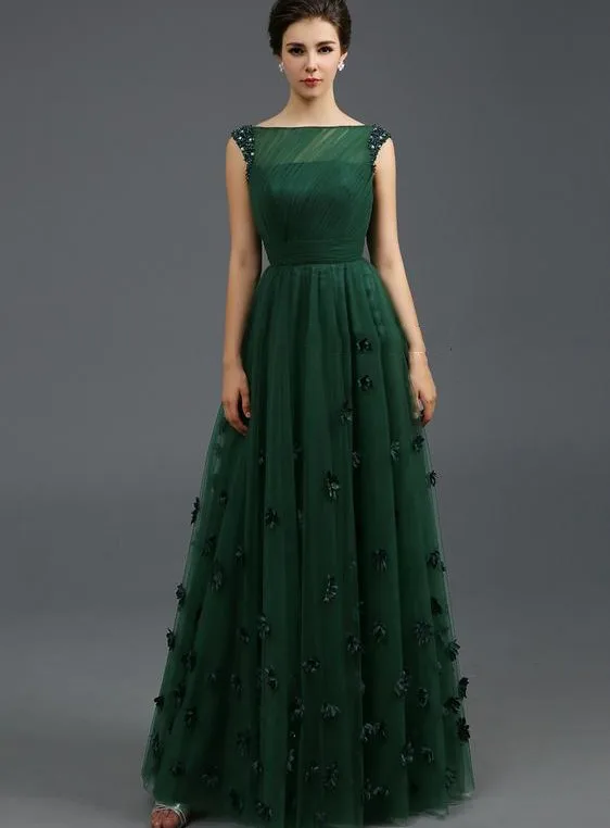 Dark Green Evening Dresses 2024 Bateau Beading 3D Flowers A-Line Long Elegant Formal Prom Party Gowns robe de soiree