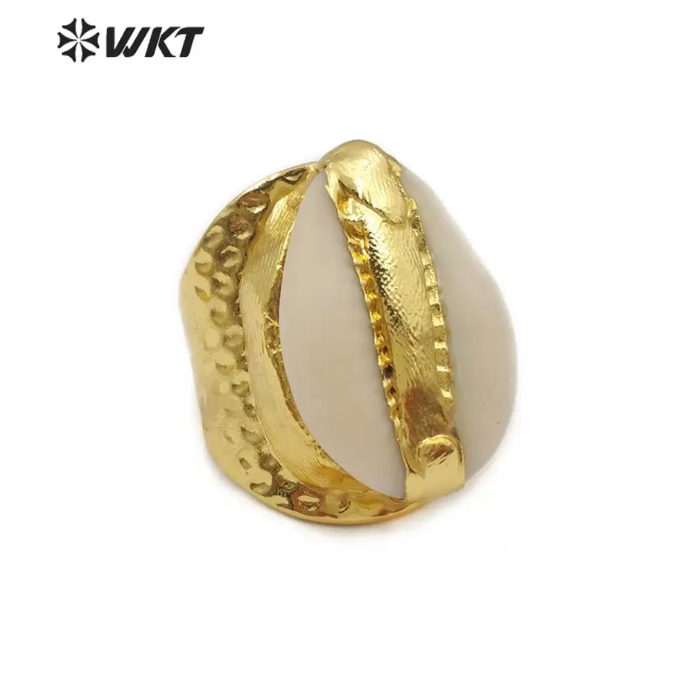 WT-R333 Wholesale Cowrie Natural Sea Shell Ring Cowry With Gold Electroplated Adjustable Women Fashion Jewelry