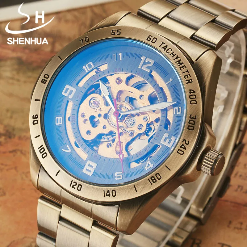 SHENHUA Luxury Brand Mens Automatic Skeleton Mechanical Watches For Males Retro Bronze Steampunk Full Steel Wristwatches Gifts