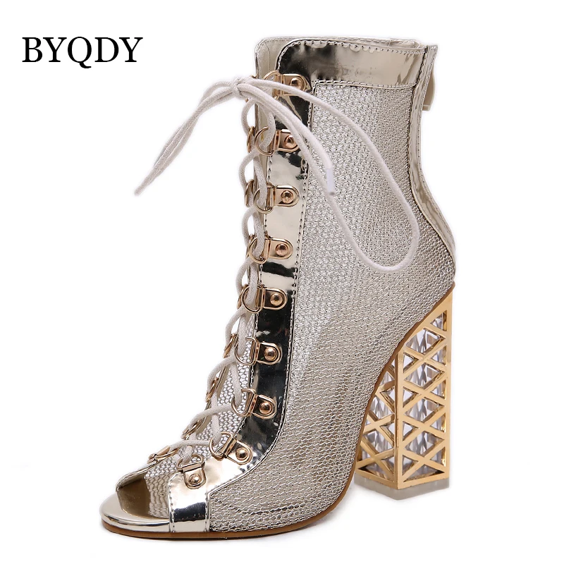 BYQDY 2021 New Summer Sandal Sexy Golden Bling sandali gladiatore donna pompe scarpe stringate tacchi alti sandali stivali oro 43