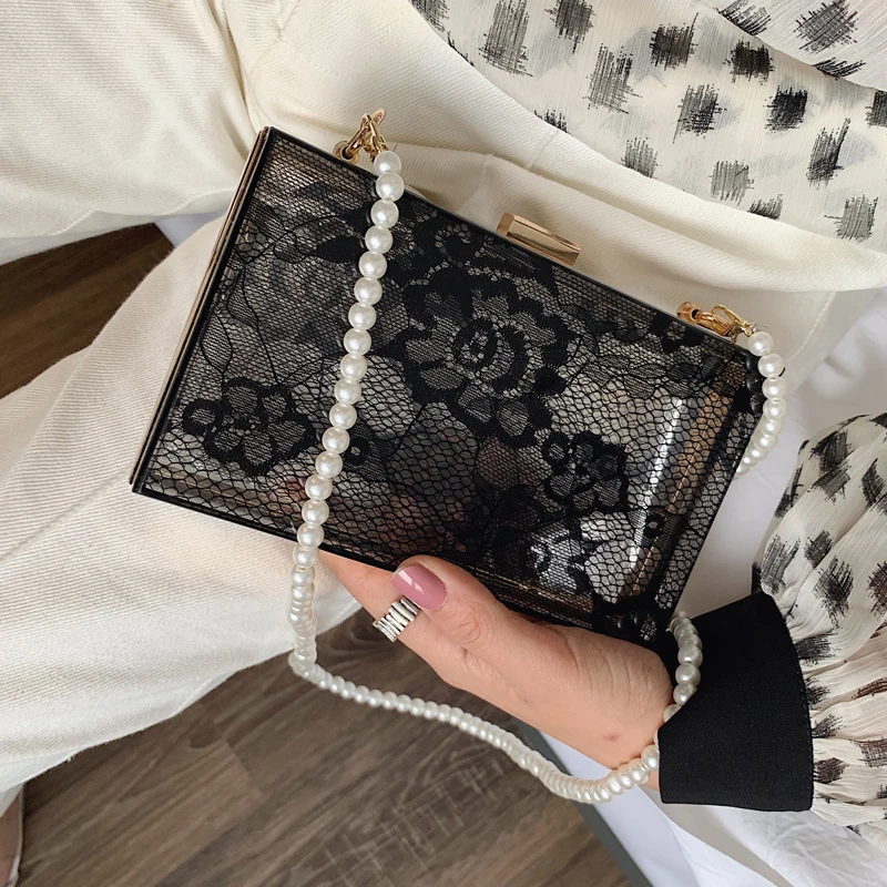 Black & White Lace Acrylic Box Design Pearl Chain Ladies Party Clutch Bag Shoulder Bag Tote Bag Women Evening Bag Flap Handbag