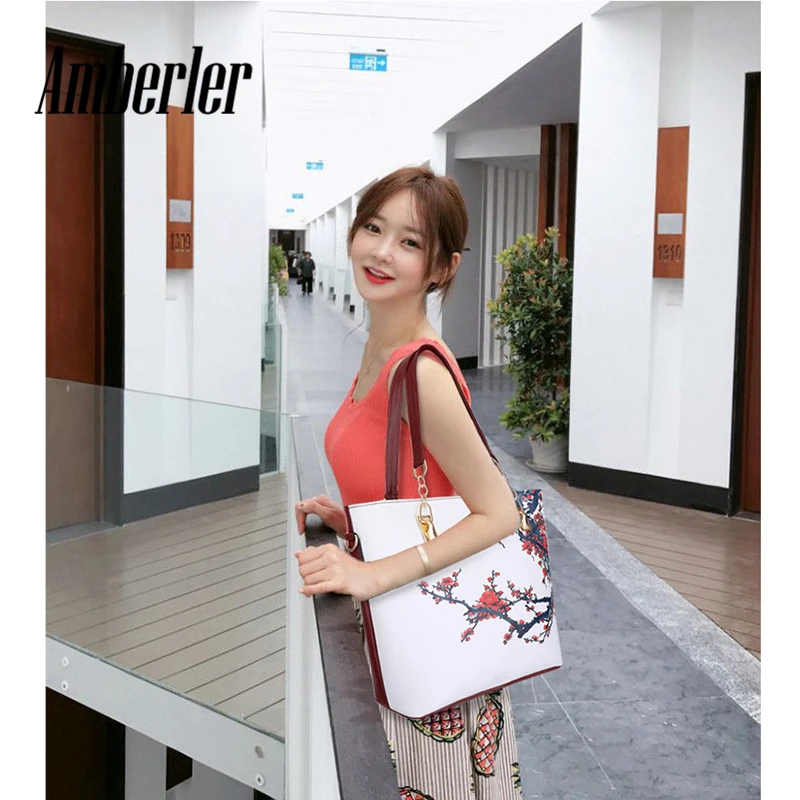 Amberler Luxury Women PU Leather Handbags Women Printed Bags Designer 6 Pieces Set Shoulder Crossbody Bags For Women Big Tote