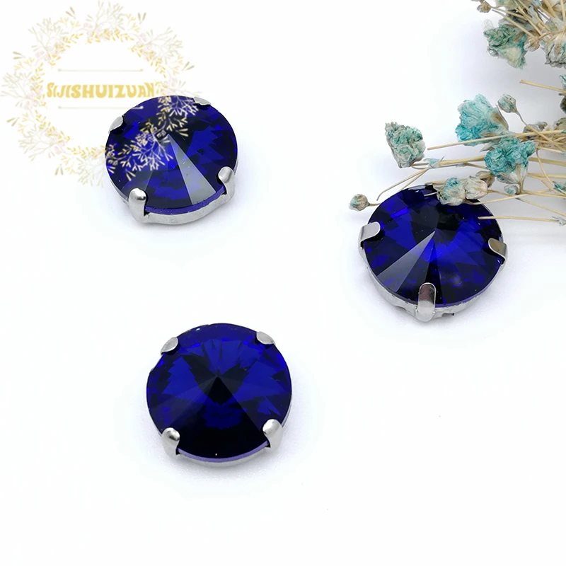 Satellite /Round Sapphire Blue Shape Glass Rhinestones With Silver Claw Sew On Crystal Stone Diamond Metal Base Buckle For Cloth