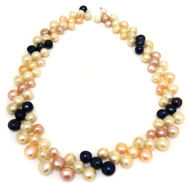 16 inches 6-9mm Three-Row HIgh Luster Natural Multicolor Button Pearl Loose Strand