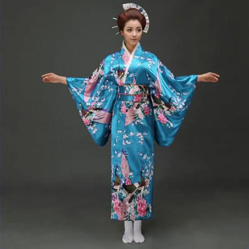 

Lake Blue peafowl Japanese Kimono Women's Polyester Satin Kimono Yukata Evening Dress Haori Kimono With Obi One Size