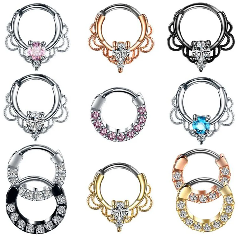 1PC Copper Nose Septum Clicker Ring Titanium Shaft Crystal Nariz Nose Piercing Indian Ear Helix Earring Septum Labret Piercing
