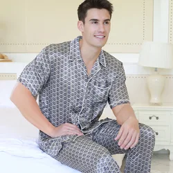 Men's Short Sleeve Pajamas Male Summer Homewear Men's Simulation Silk Nightgown Adult Silk Nightwear Home Clothing D-2176