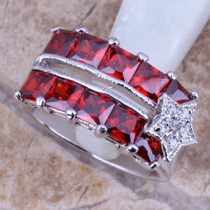 Classy Red Garnet Silver Plated  Star Ring Size 6 / 7 / 8 / 9 R0206