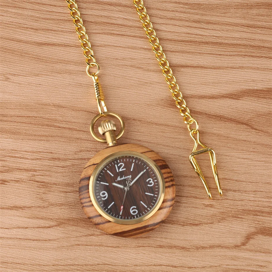 Open Face Brown Wood Quartz Pocket Watch Retro Pendant Clock Golden Steampunk Chain Luxury Pocket Watches Gifts with Box Bag