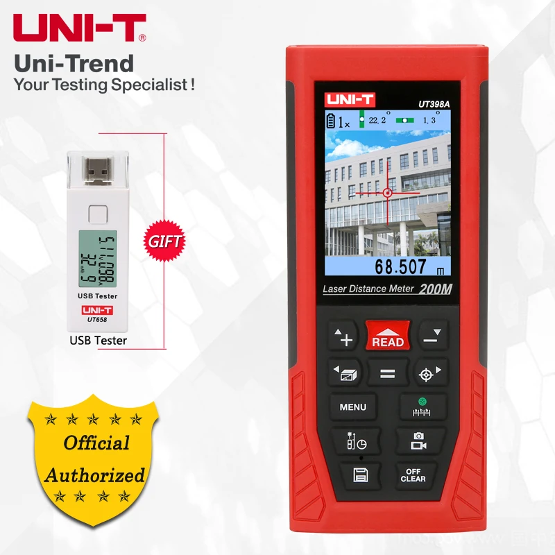 UNI-T UT398A 200M Laser Distance Meter; Color Screen Camera Infrared Measuring Instrument/Electronic Ruler, USB Connection