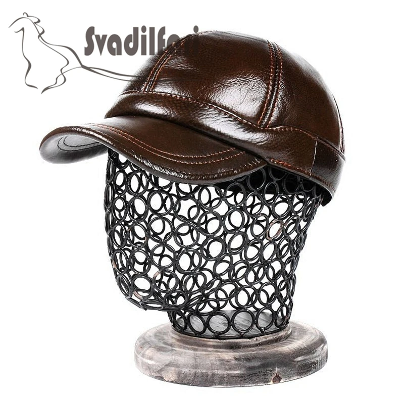 Svadilfari 2018 New Autumn Winter Real Cowhide Hat Men Women Genuine Leather Baseball Outdoor Warm Cap Ear Protector Dad Mom