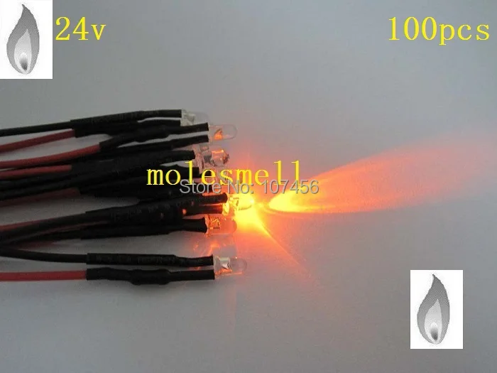 

Free shipping 100pcs 3mm orange Flicker 24V Pre-Wired Water Clear LED Leds Candle orange Light 20CM