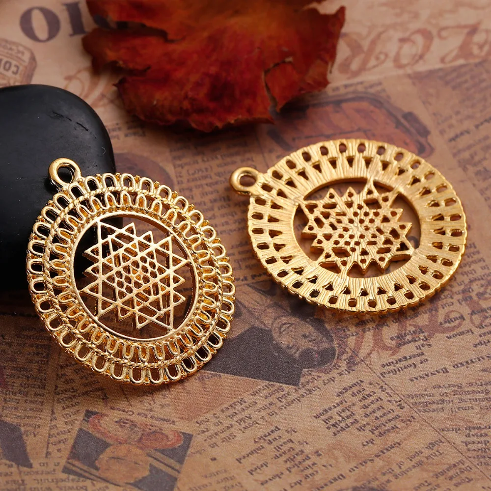 DoreenBeads Zinc Based Alloy Gold Color Round Sri Yantra Meditation Hollow Pendants DIY Components 39mm x 34mm(1 3/8\