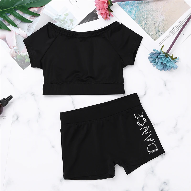 Girls Black Short Sleeve Tankini Crop Top Shorts Set Child Ballet Dance Sports Workout Gymnastics Suits Kids Dance Wear