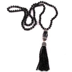 Fashion Bohemian Jewelry Crystal Glass Knotted Handmake Paved Crystal Tubes Tassel Long Necklace