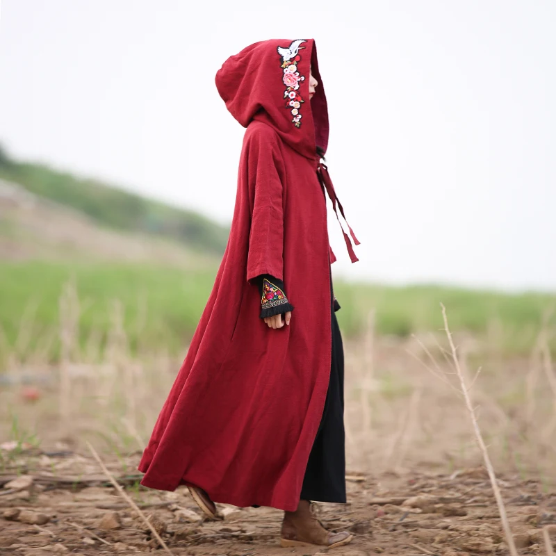 LZJN-Embroidery Trench Coat for Women, Hooded Long Coat, Chinese Style Cloak, Red Cardigan, Black Windbreaker, Vintage Overcoat,