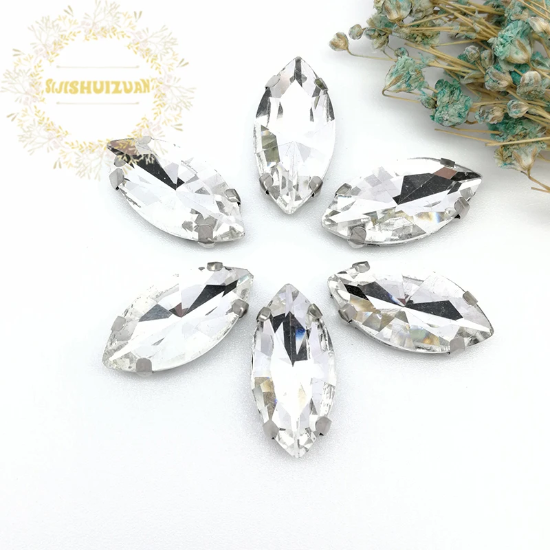 Shiny White Horse Eye Shape Glass Crystal Sew On Rhinestones Silver Bottom With Four Claw Diy Shose Accessories