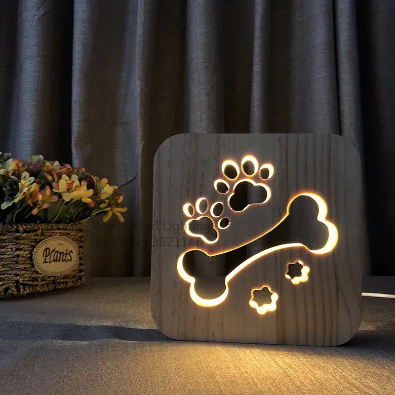 3D LED Wood Lights Cute Dog Paw Cat Lamp USB Operated Warm Mood Lamp 3D Illusion Luminaria Lamp Birthday Gift Kids Bedroom Decor