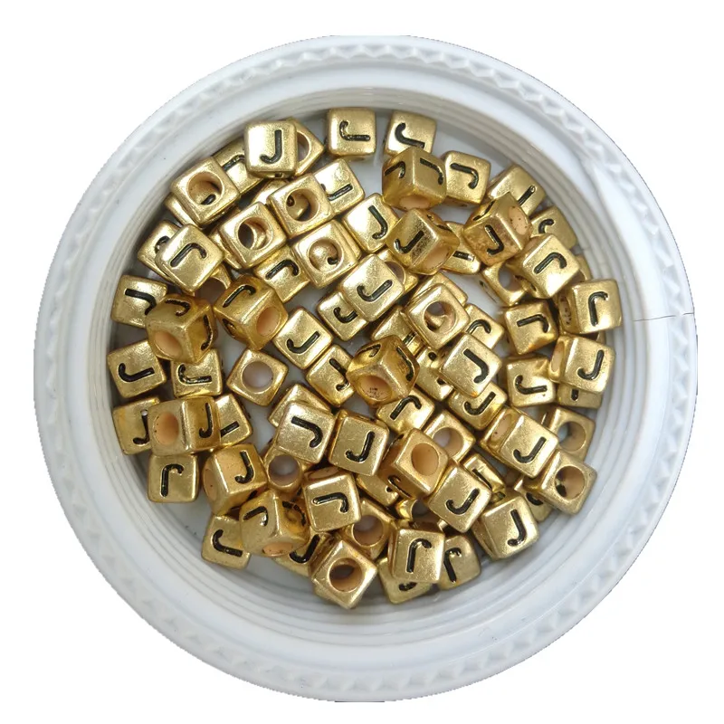 

Wholesale Price 2600PCS 6*6MM Cube Single Letter Beads Black J Printing Gold Color Acrylic Plastic Alphabet Letters Beads