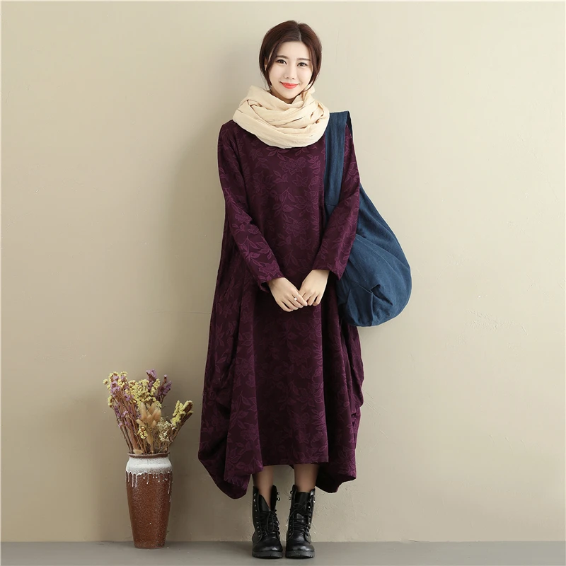 LZJN-Long Sleeve Cotton Lantern Dress, Vintage Shirt, O-Neck, Irregular Robe, A-Line, 5 Colors, Autumn, Winter