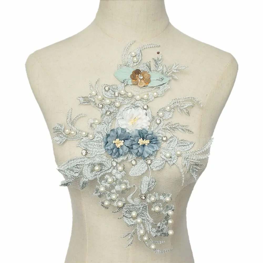 33CM Grey Fabric 3D Flowers Beads Rhinestone Sequins Appliques Lace Trims Embroidery Mesh Sew On Patches For Wedding Decoration