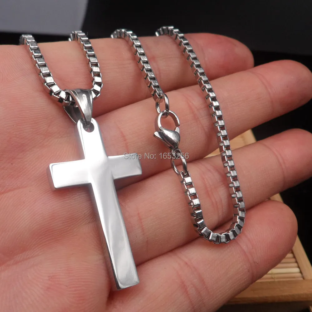 Lot 5pcs stainess steel Simple Cross Necklace Pendant + 2mm 22'' Box Chain Unisex Men