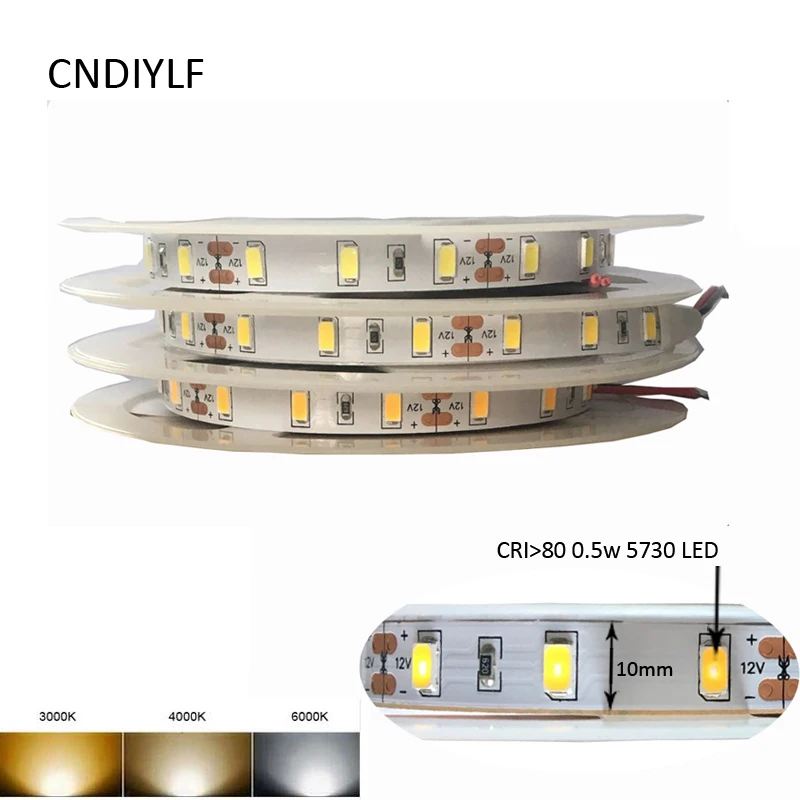 High Brightness 50-60lm/LED DC 12V LED Strip Light 5630 5730 Warm White, Cold White And White 5m/Roll Fast Delivery
