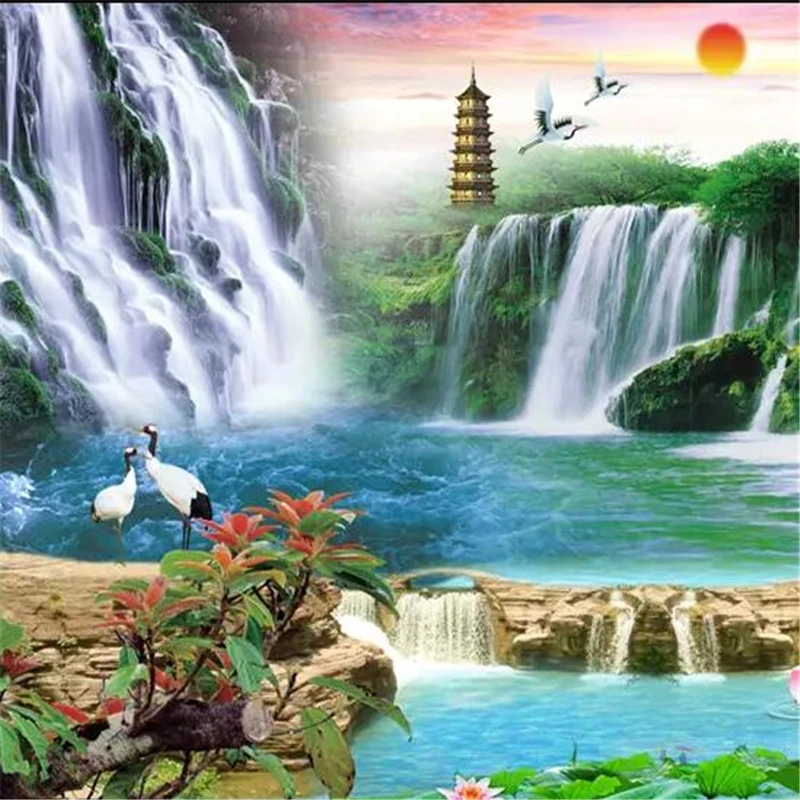 

wellyu Blue Sky and White Clouds Waterfall Scenic TV backdrop Custom Large Mural Green Wallpaper papel de parede para quarto