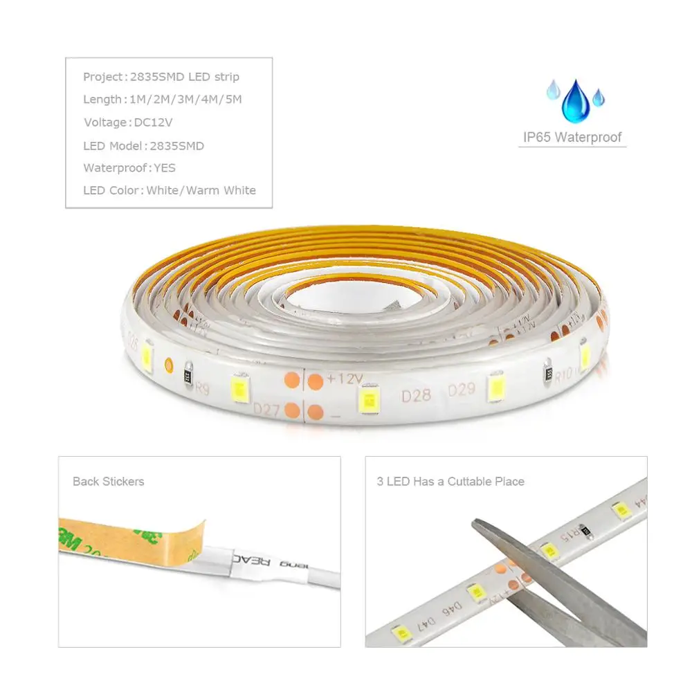 Taśma LED 12V 1M 2M 3M 4M 5M Ściemnialna taśma LED Biała/ciepła biel 2835 SMD Dioda taśmowa z pilotem zdalnego sterowania RF Dimmer