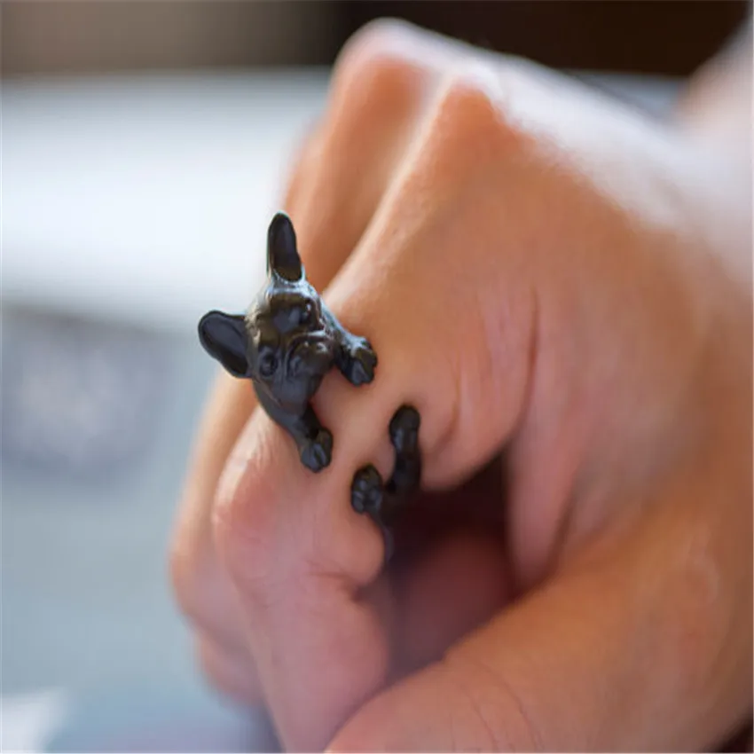 CHENGXUN  European Style Animal Rings Handmade French Bulldog Wrap Rings for Kids Best Friend Three Color to Choose