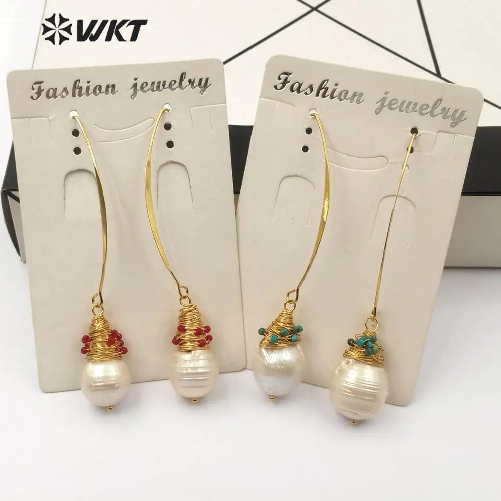 

WT-E524 Baroque Pearl Earring Big Drop White Pearl Brass Wire Wrapped Earring Tiny Gem stone Charm Wedding Earring Jewelry