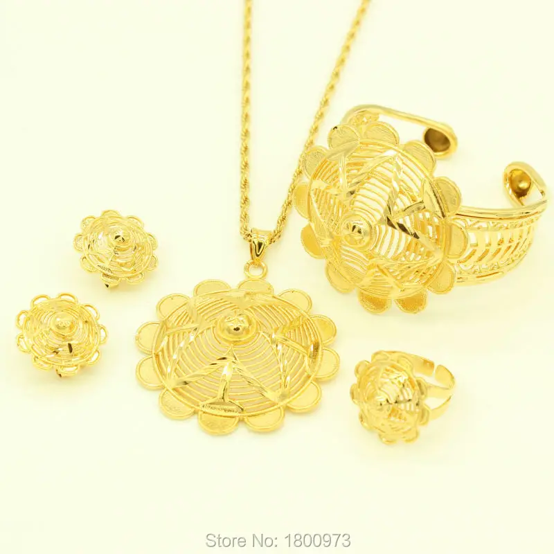 Newest Ethiopian Big Flower Jewelry Set 24K Gold Color Pendant/Necklace/Earrings/Ring/Bangle African Women Wedding Jewelry