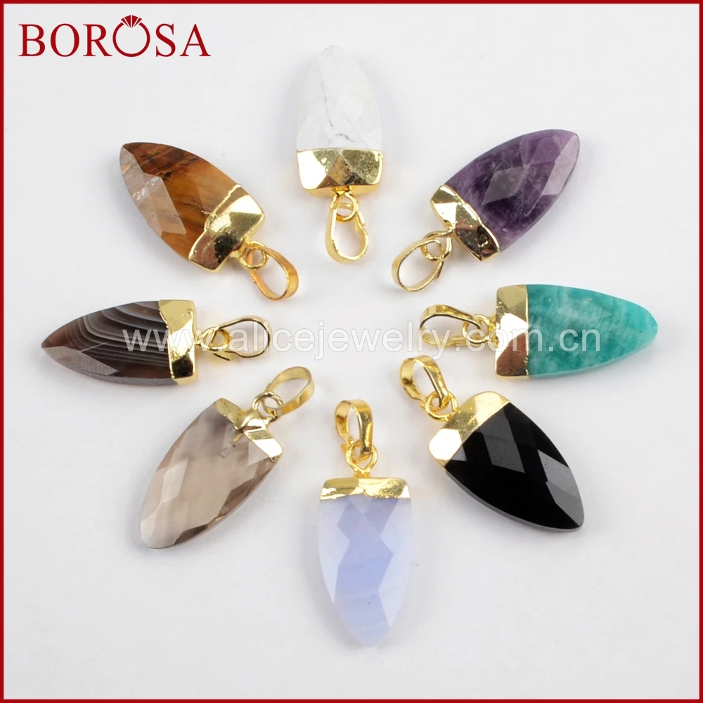 

BOROSA 10PCS Stylish Gold Color Multi-kind Faceted Stones Shield Pendant Beads Natural Stone for Necklace/Earrings Jewelry WX902