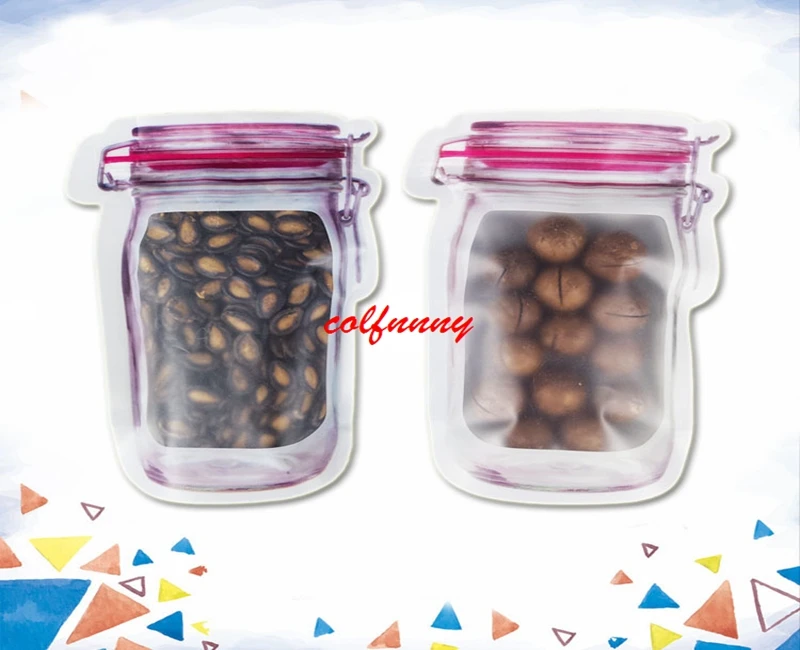 Wholesale Mason Jar Shaped Food Container Plastic Bag Clear Mason Bottle Modeling Zippers Storage Snacks Plastic Box F052208