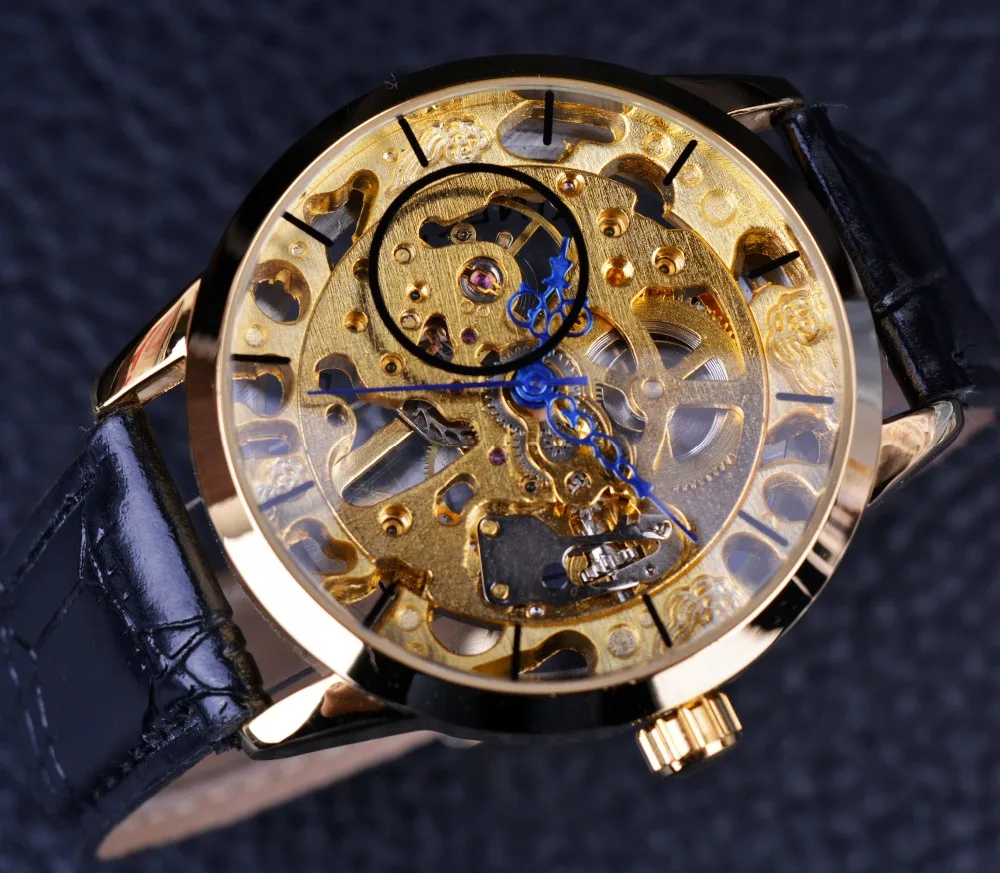 Winner Transparent Blue Hands Skeleton Full Golden Designer Watch Men Watches Top Brand Luxury Mechanical Watch Clock Wristwatch