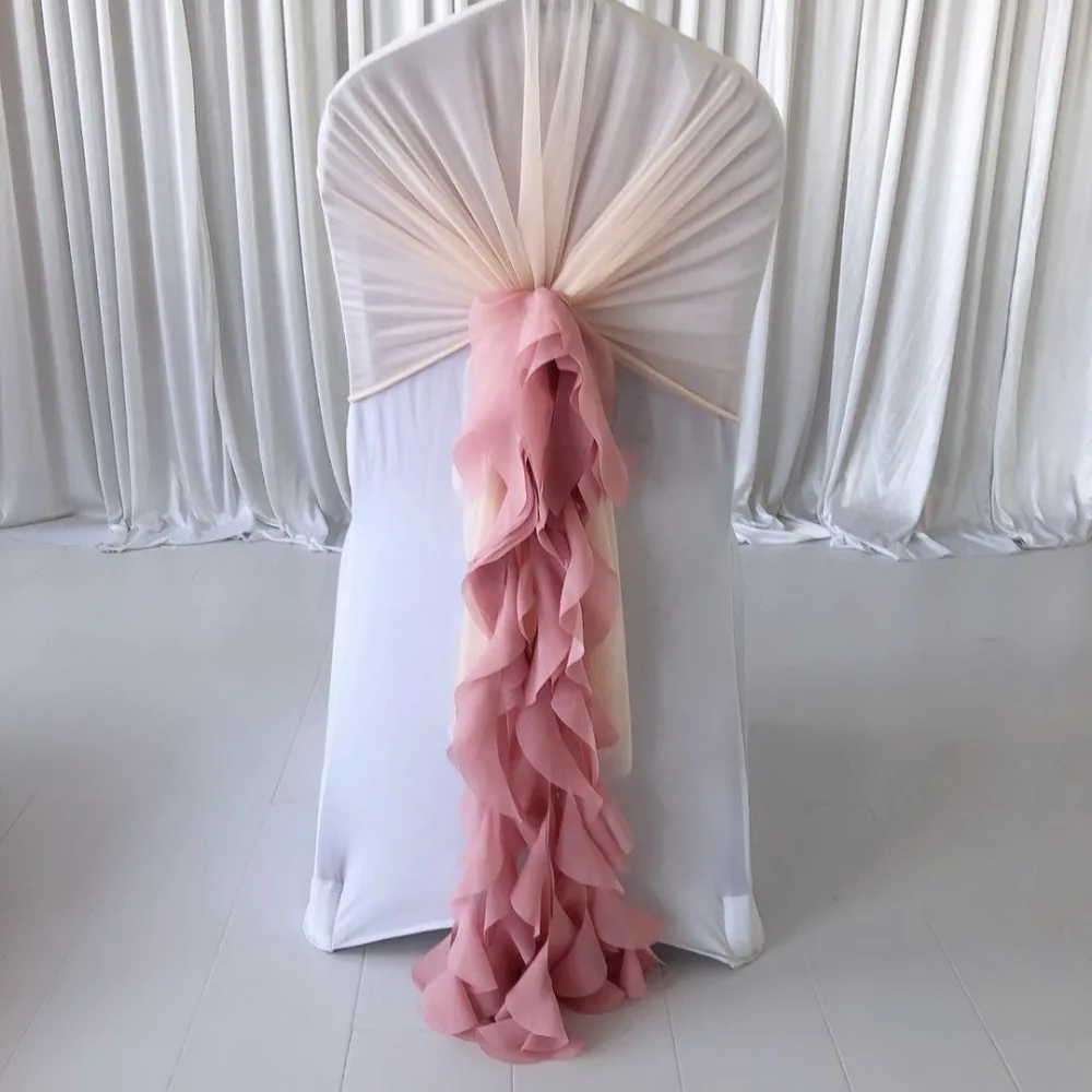 

200 PCS Pre tied Romatic Voile Chiffon Chair Sash Ruffled Banquet Chair Cover & Hood Cruly Willow