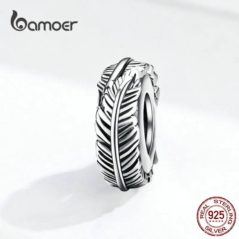 bamoer hot Sales Bohemia Feather Spacer Stopper with Silicone 925 Sterling Silver Vintage Beads for Women Bracelet SCC1236