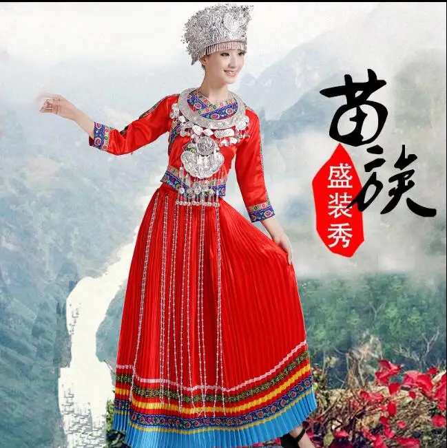 Miao Dance Dress Red Pleated Tujia Chinese Folk Hmong Women Stage Classical Perform