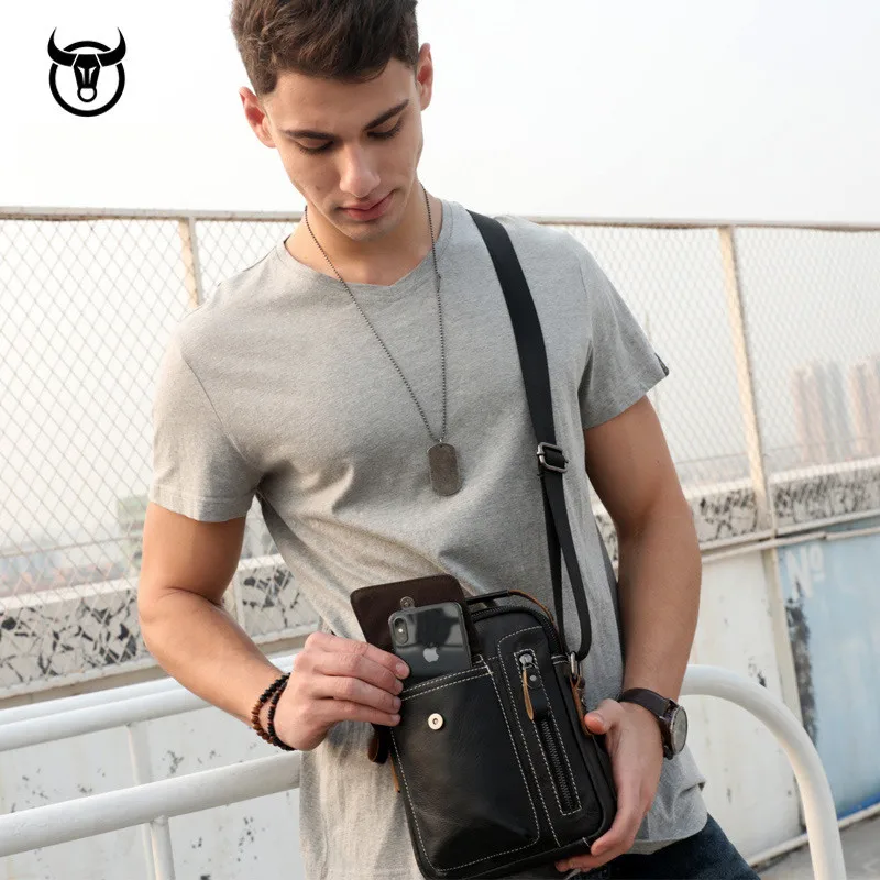 Bolso cruzado de cuero genuino para hombre, bandolera de piel de vaca, Estilo Vintage, informal, pequeño