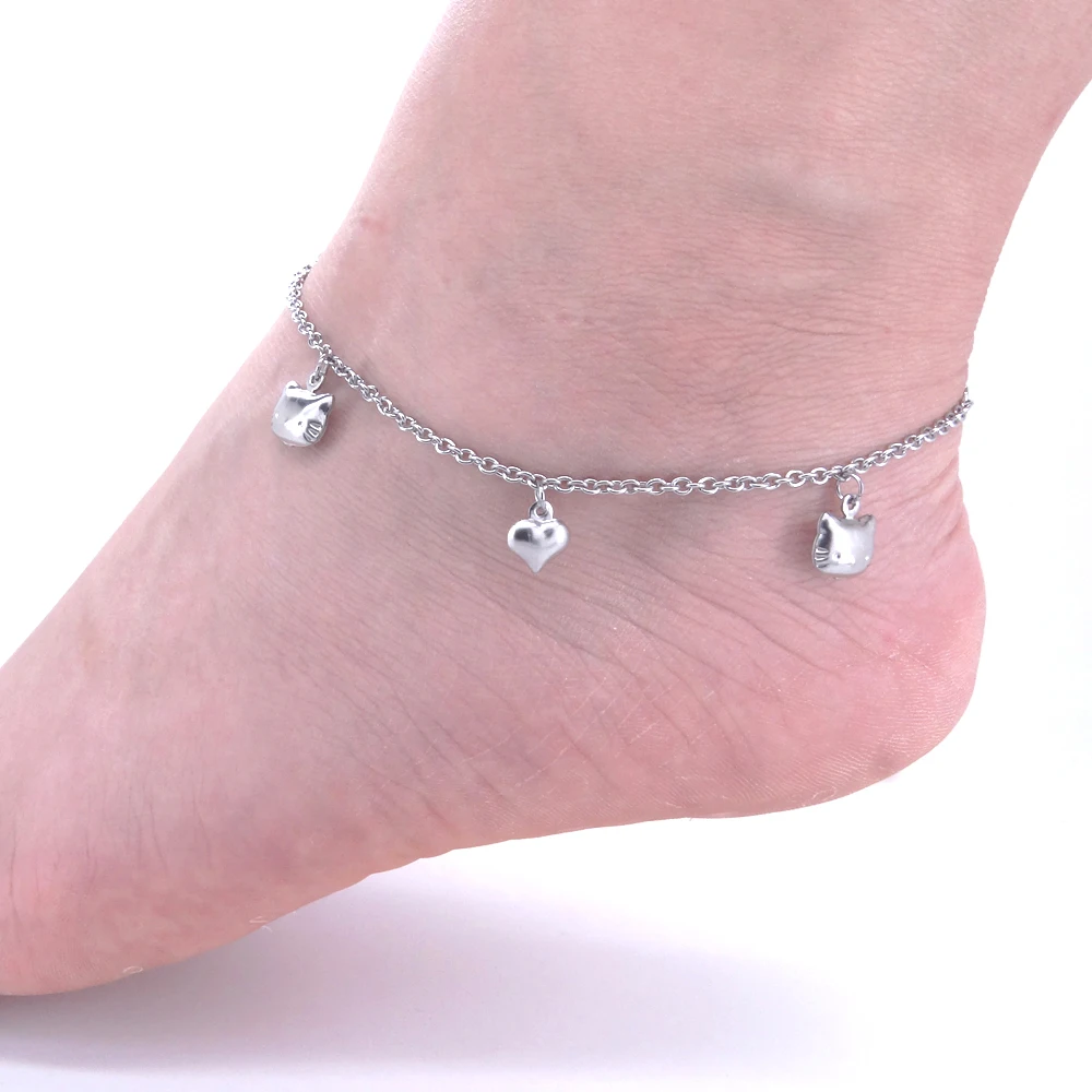 Women Ankel Bracelets Heart Kitty Charm Stainless Steel Anklets 23+5 cm 9-11 Inches Vintage Fashion Jewelry Factory Offer