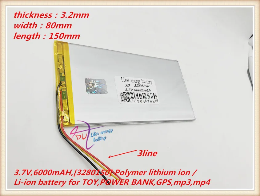 1PCS Good Qulity 3.7V 6000mAH(Real 5900mAh) Li-ion battery for V88 V971, M9 Tablet PC, 3.2*80*150mm