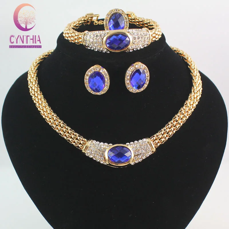 Wedding African Beads Jewelry Set Crystal Costume Gold color Rhinestone Statement Chunky Necklace Earring Ring Jewelry Set