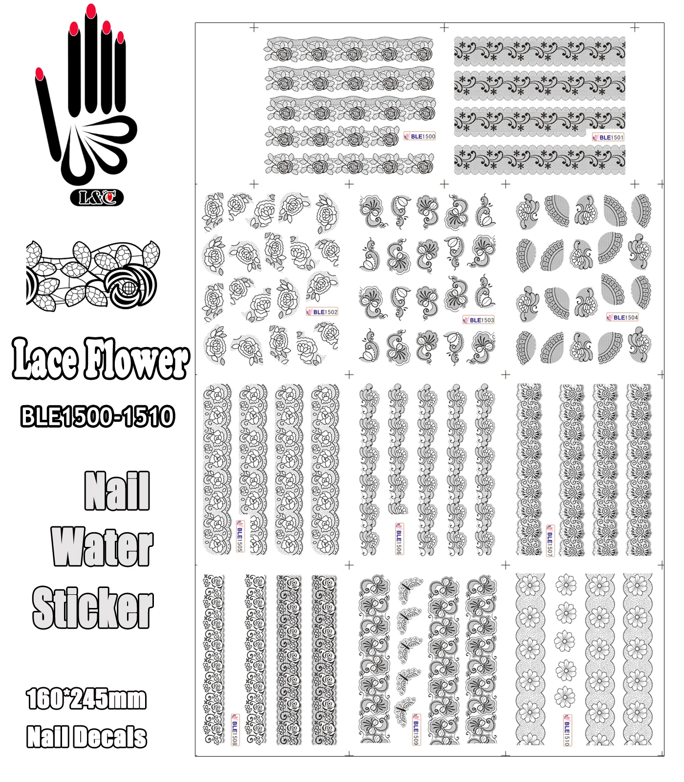 

11 Sheets/Lot Nail BLE1500-1510 Black Flower Lace Nail Art Water Sticker Decals for Nail Art Decoration(11 DESIGNS IN 1)