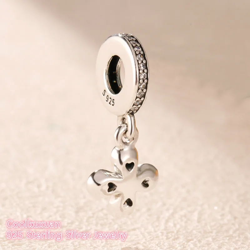 Spring 100% 925 Sterling Silver Four-Petal Flower Dangle Charm beads Fits Original Pandora bracelets Jewelry Making