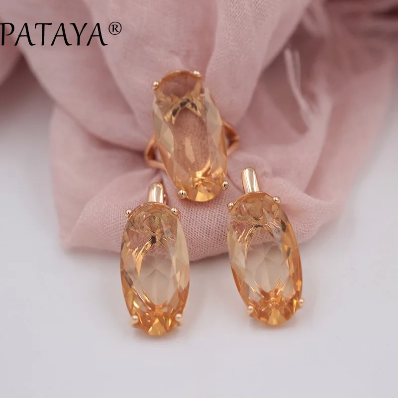 PATAYA New 585 Rose Gold Color Women Vintage Fine Jewelry Multicolor Artificial Cubic Zircon Big Dangle Earrings Rings Sets