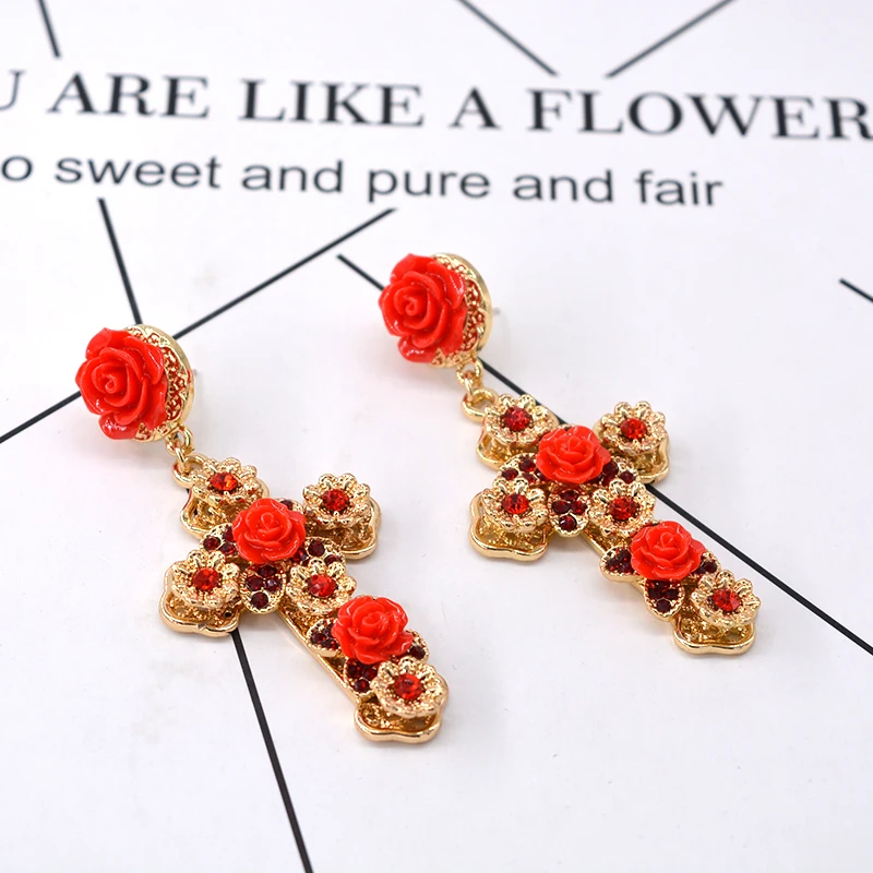 Fashion Exaggerated Classic Vintage Baroque Red Flowers Cross Drop Earrings Long Vintage for Women Jewelry Accessories