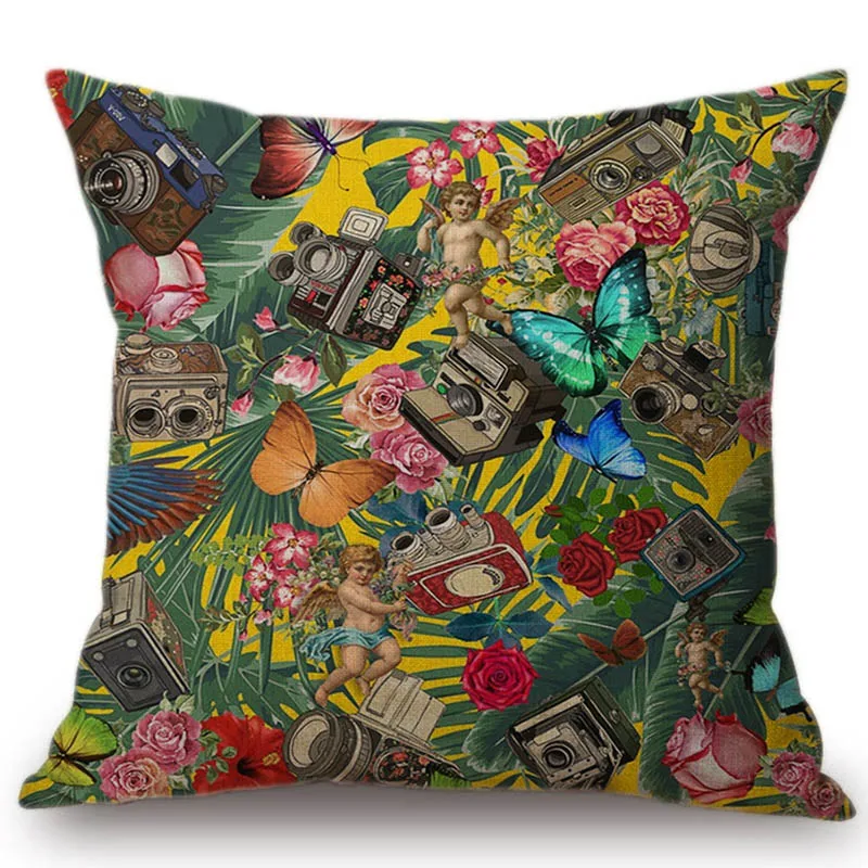 Vintage Floral Pattern Little Angels Classic Sofa Decorative Throw Pillow Cover Red Rose Butterfly Tropical Leaves Cushion Case