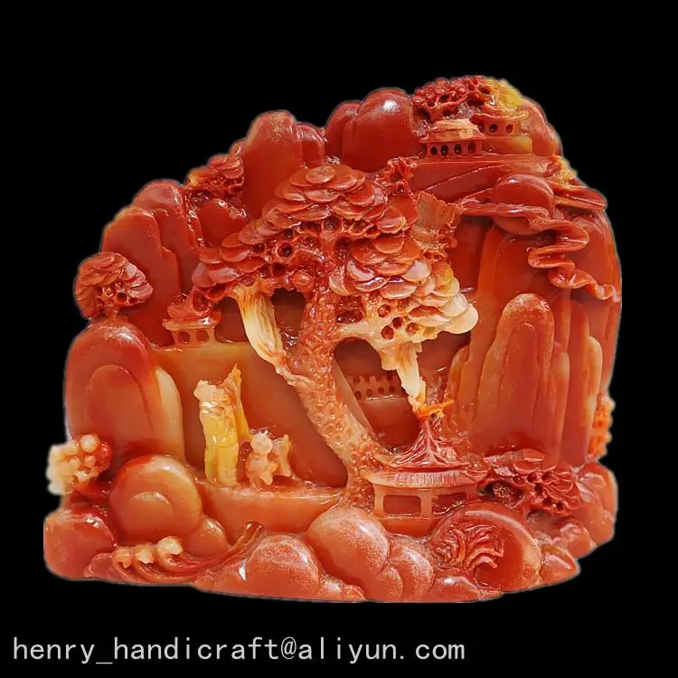 Rare Chinese 100% Natural ShouShan Stone Hand Carved Decoration Landscape,full moon,Free shipping