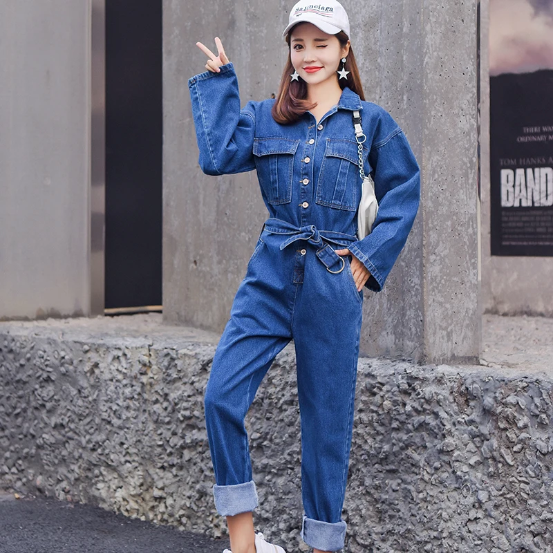 Fashion Streetwear Denim Overalls Women 2020 Autumn Long Sleeve Bodysuit High Waist Jeans Bodycon Rompers Belt Wide Leg Jumpsuit